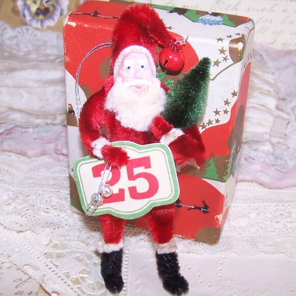 OOAK Christmas Chenille Ornament - Santa Claus Carrying Tree and Bells - Picture 2 of 5